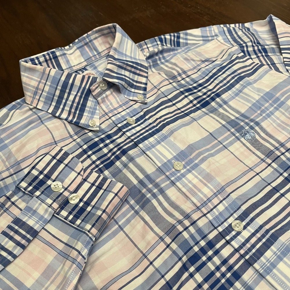 Brooks Brothers Dress Shirt Mens M Blue Pink Plaid Madison OCBD Supima Cotton